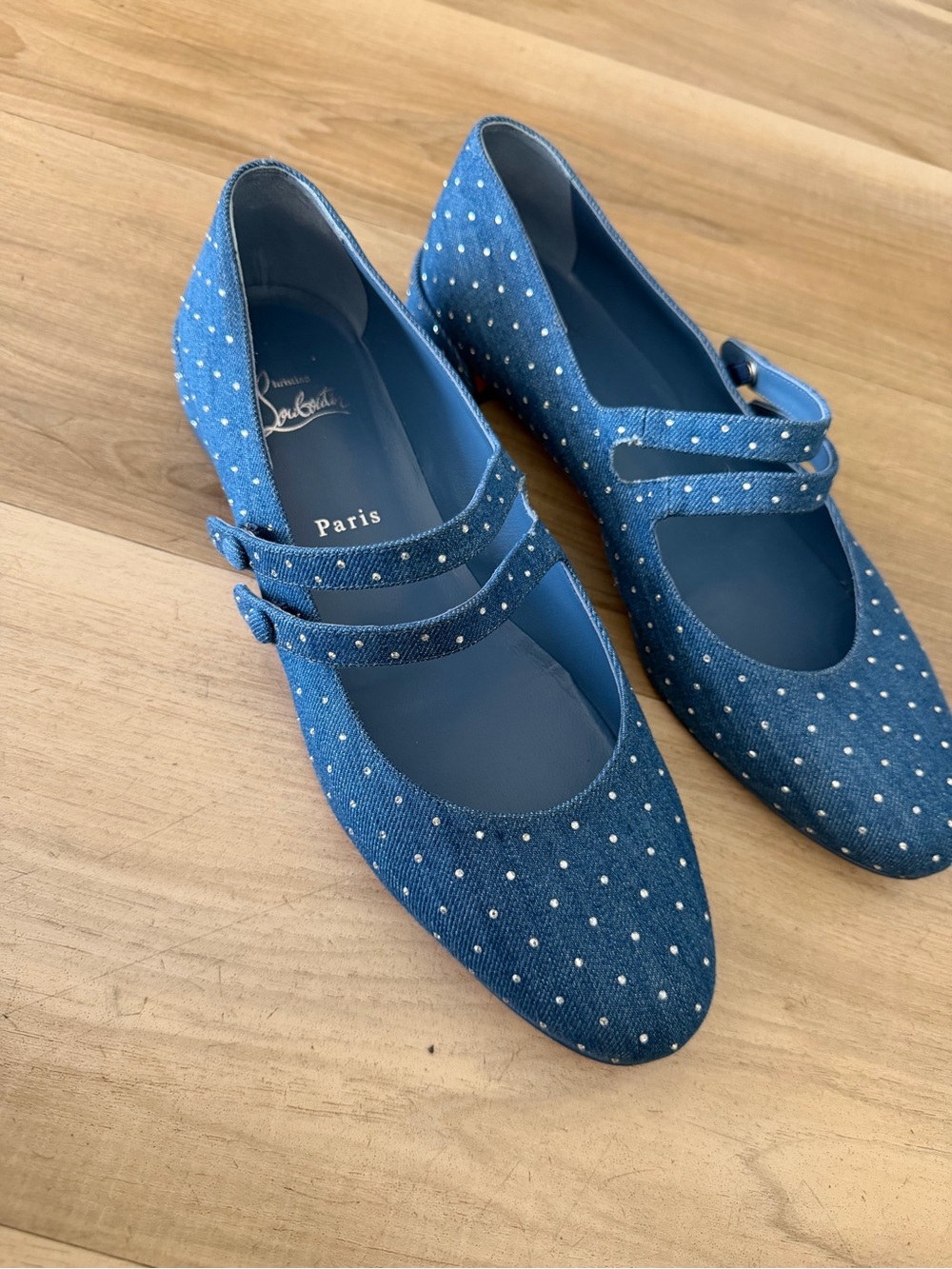 Christian Louboutin Blue Denim Polka Dot Mary Jane Flats